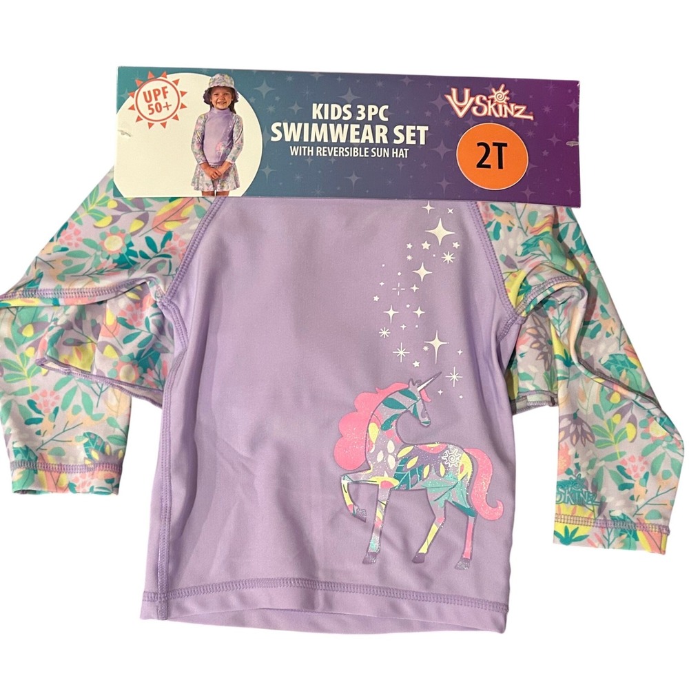 NWT UV Skinz Girls 2T Purple Unicorn 3pc Swimwear Set UPF‎ 50+ Rash Guard Hat